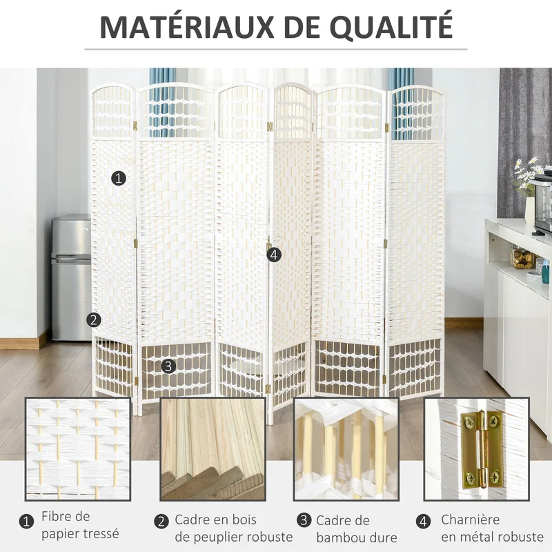 Paravent séparateur de pièce pliable 6 panneaux 242 x 170 cm intimité et aération scandinave minimaliste en bois blanc 21_0001224
