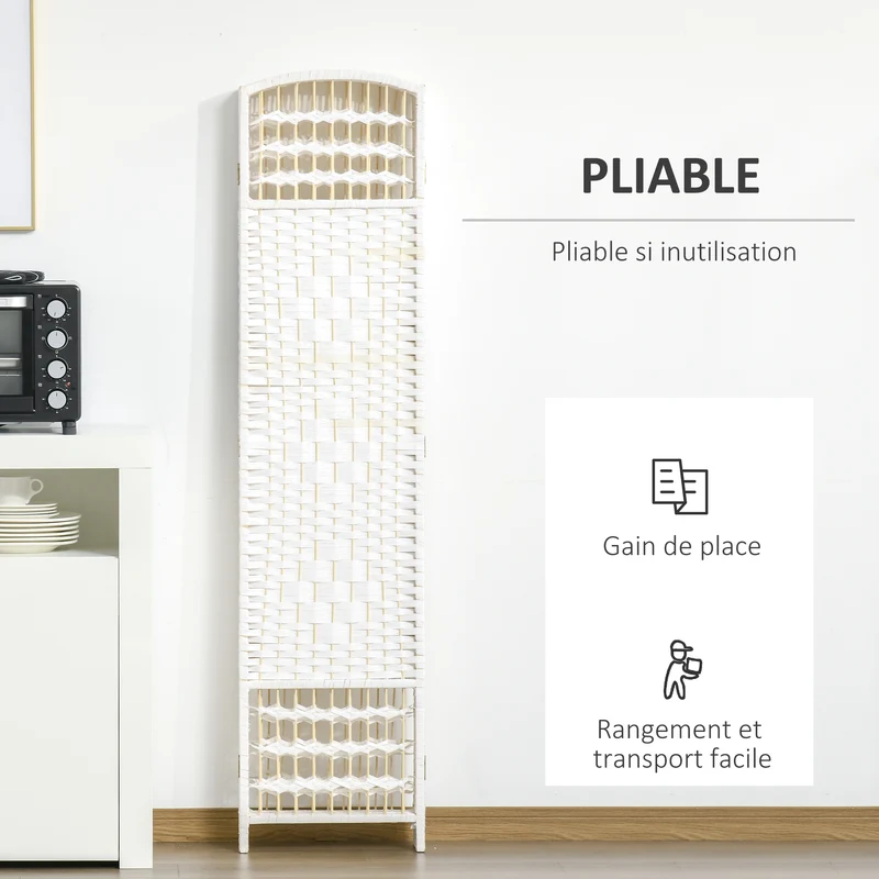 Paravent séparateur de pièce pliable 6 panneaux 242 x 170 cm intimité et aération scandinave minimaliste en bois blanc 21_0001224