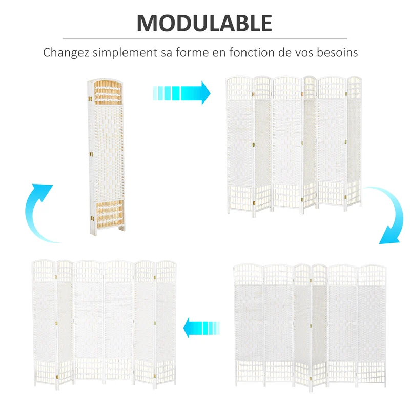 Paravent séparateur de pièce pliable 6 panneaux 242 x 170 cm intimité et aération scandinave minimaliste en bois blanc 21_0001224