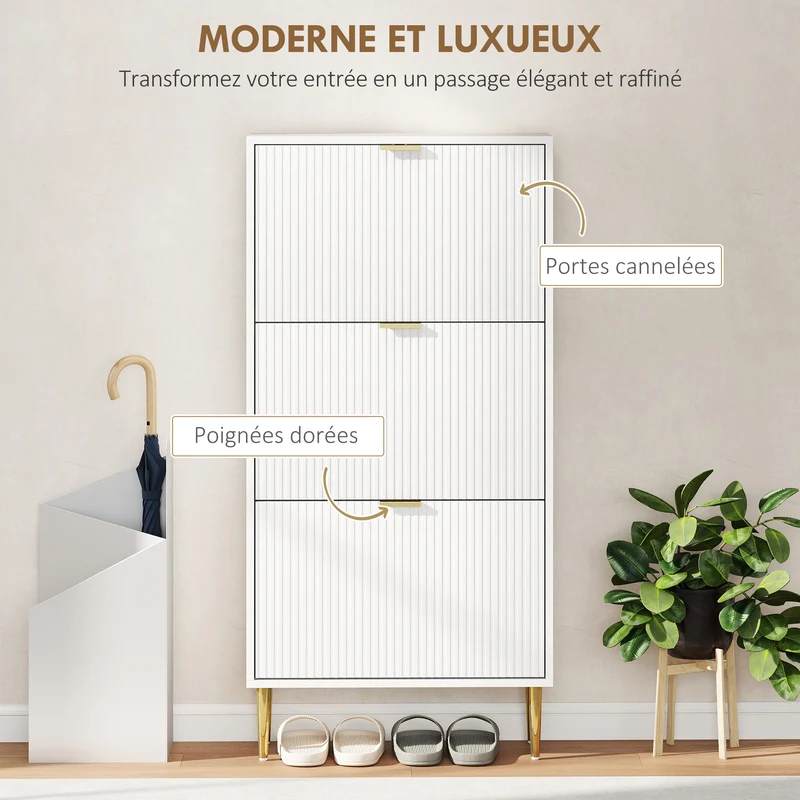 Meuble à chaussures d'entrée 60 x 24 x 122,5 cm avec 3 tiroirs rabattables étagères réglables moderne épuré en MDF blanc 21_0002764