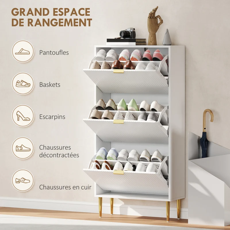 Meuble à chaussures d'entrée 60 x 24 x 122,5 cm avec 3 tiroirs rabattables étagères réglables moderne épuré en MDF blanc 21_0002764