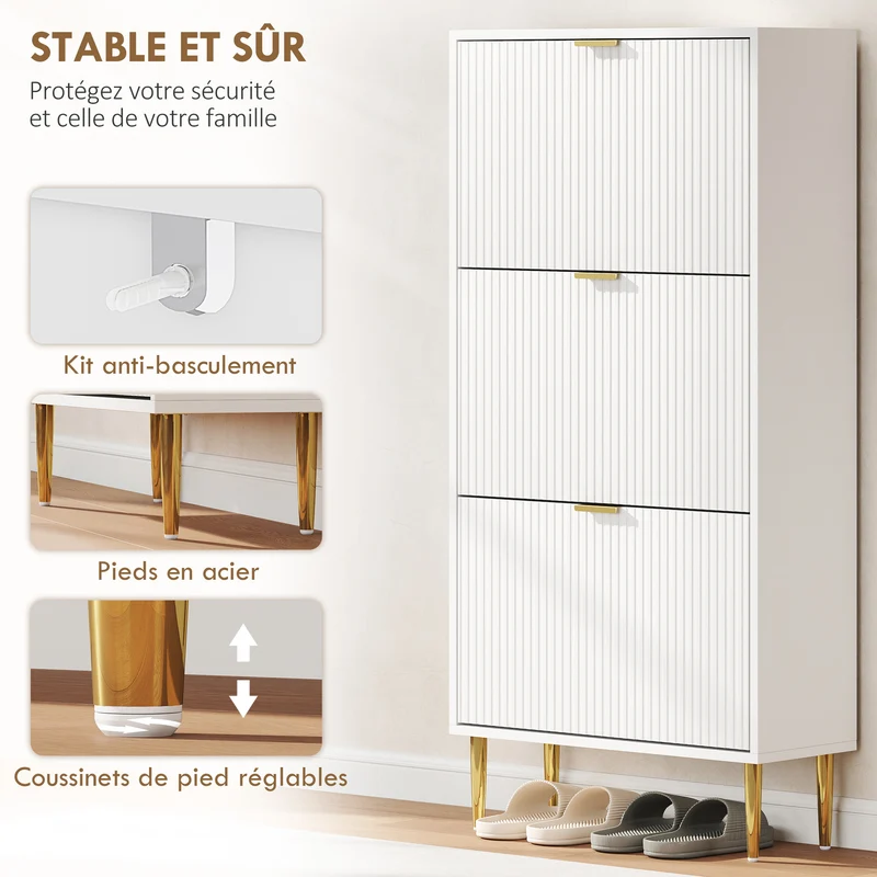 Meuble à chaussures d'entrée 60 x 24 x 122,5 cm avec 3 tiroirs rabattables étagères réglables moderne épuré en MDF blanc 21_0002764