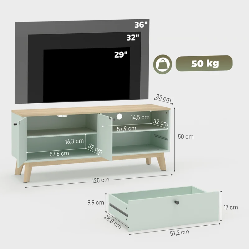 Meuble télévision pour salon 120 x 35 x 50 cm rangement modulable surélevé 15 cm résistante moderne en MDF vert clair 21_0003657