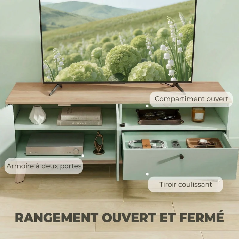 Meuble télévision pour salon 120 x 35 x 50 cm rangement modulable surélevé 15 cm résistante moderne en MDF vert clair 21_0003657