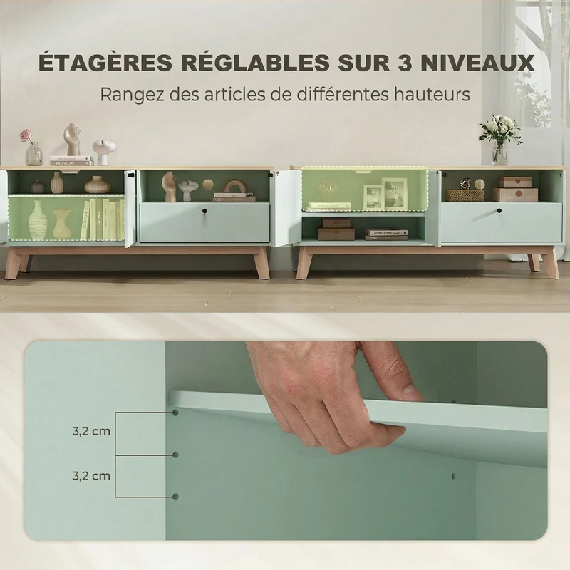 Meuble télévision pour salon 120 x 35 x 50 cm rangement modulable surélevé 15 cm résistante moderne en MDF vert clair 21_0003657