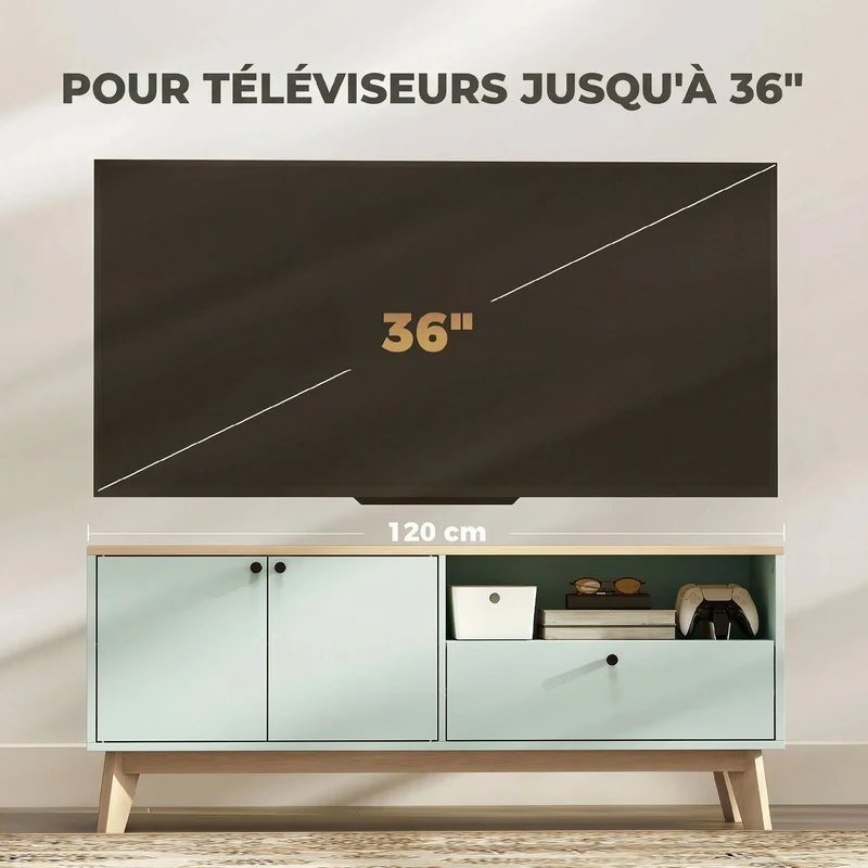 Meuble télévision pour salon 120 x 35 x 50 cm rangement modulable surélevé 15 cm résistante moderne en MDF vert clair 21_0003657