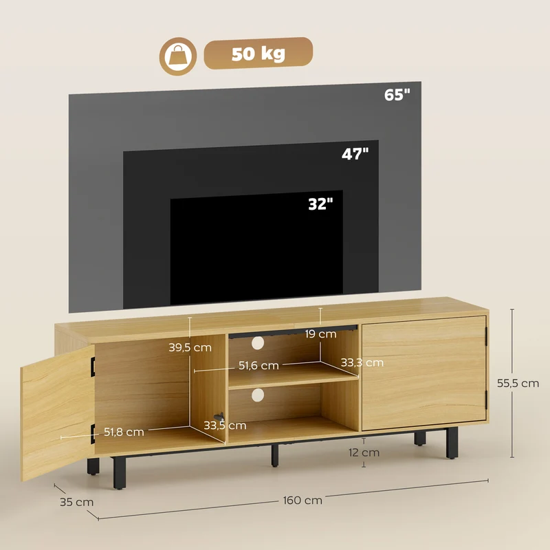Meuble tv salon 160 x 35 x 55,5 cm rangement fermé et étagères ouvertes style épuré en panneau de particules bois naturel 21_0003628