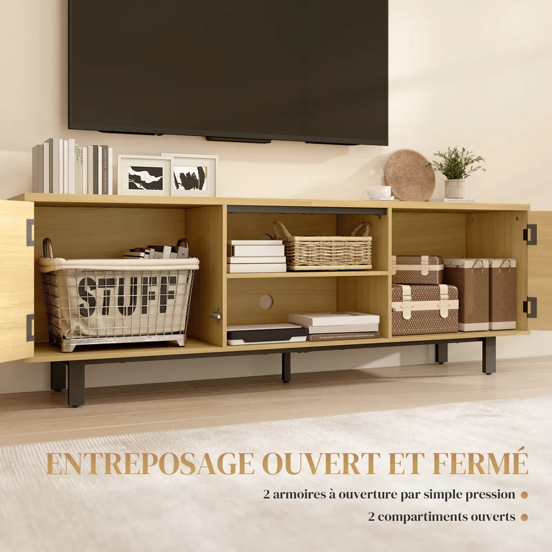 Meuble tv salon 160 x 35 x 55,5 cm rangement fermé et étagères ouvertes style épuré en panneau de particules bois naturel 21_0003628