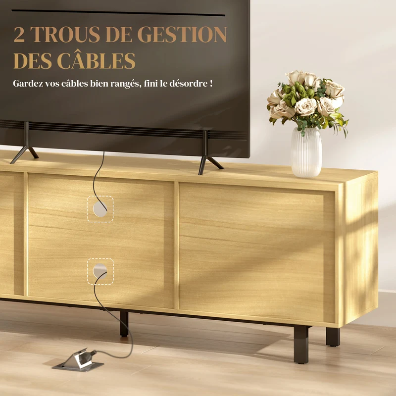 Meuble tv salon 160 x 35 x 55,5 cm rangement fermé et étagères ouvertes style épuré en panneau de particules bois naturel 21_0003628