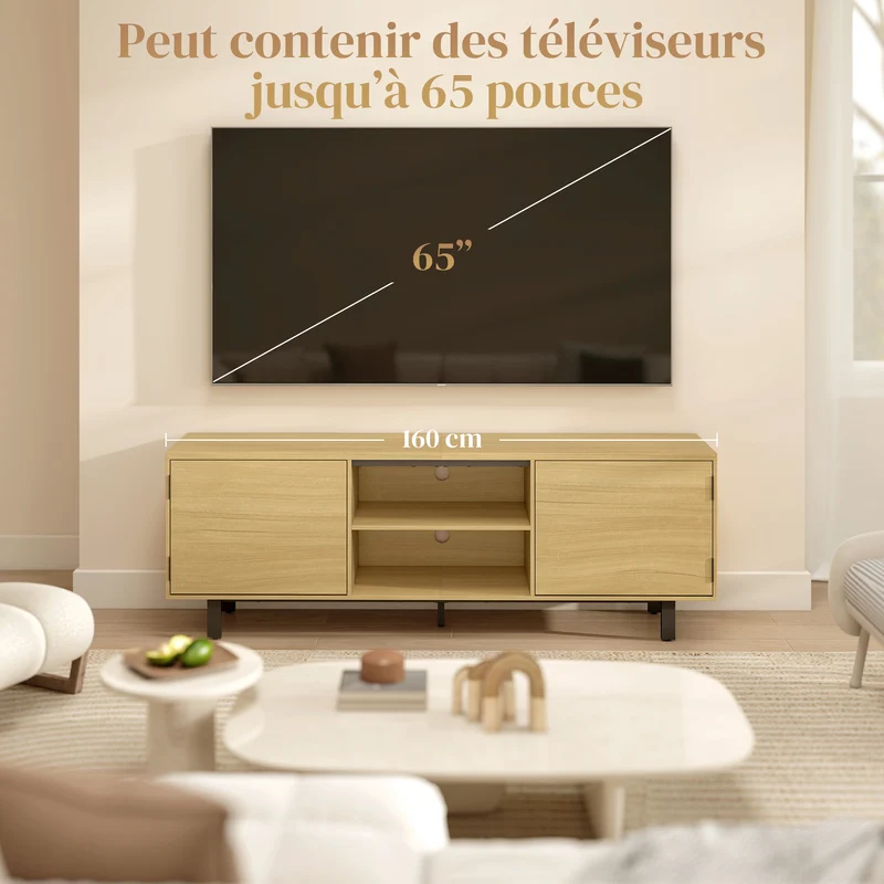Meuble tv salon 160 x 35 x 55,5 cm rangement fermé et étagères ouvertes style épuré en panneau de particules bois naturel 21_0003628