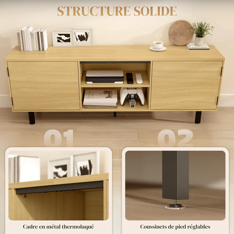 Meuble tv salon 160 x 35 x 55,5 cm rangement fermé et étagères ouvertes style épuré en panneau de particules bois naturel 21_0003628