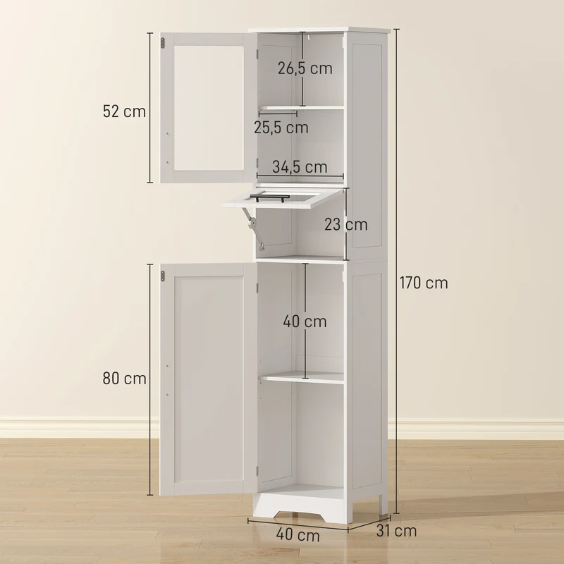 Meuble colonne salle de bain 40 x 31 x 170 cm rangement étagères réglables idéal coin étroit moderne épuré en MDF blanc 21_0002130