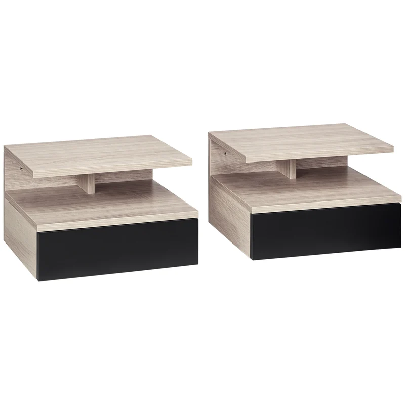 Lot de 2 tables de chevet murales 35 x 32 x 22,5 cm tiroir coulissant niche contemporain en panneaux de particules noir 21_0001456