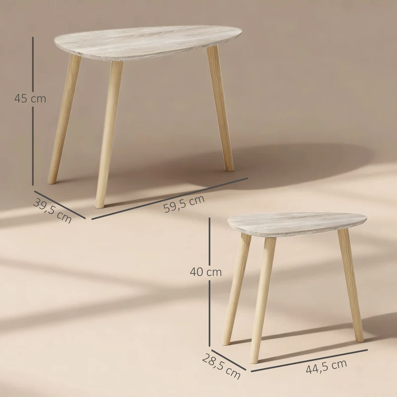 Lot de 2 tables basses gigognes triangulaires salon 59.5 x 39.5 x 45 cm gain de place scandinave épuré en MDF naturel 21_0003060