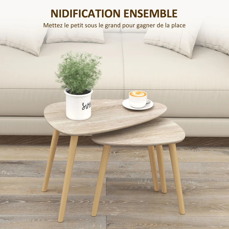 Lot de 2 tables basses gigognes triangulaires salon 59.5 x 39.5 x 45 cm gain de place scandinave épuré en MDF naturel 21_0003060