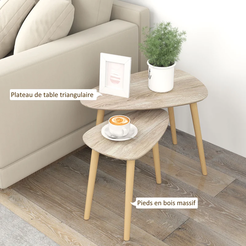 Lot de 2 tables basses gigognes triangulaires salon 59.5 x 39.5 x 45 cm gain de place scandinave épuré en MDF naturel 21_0003060