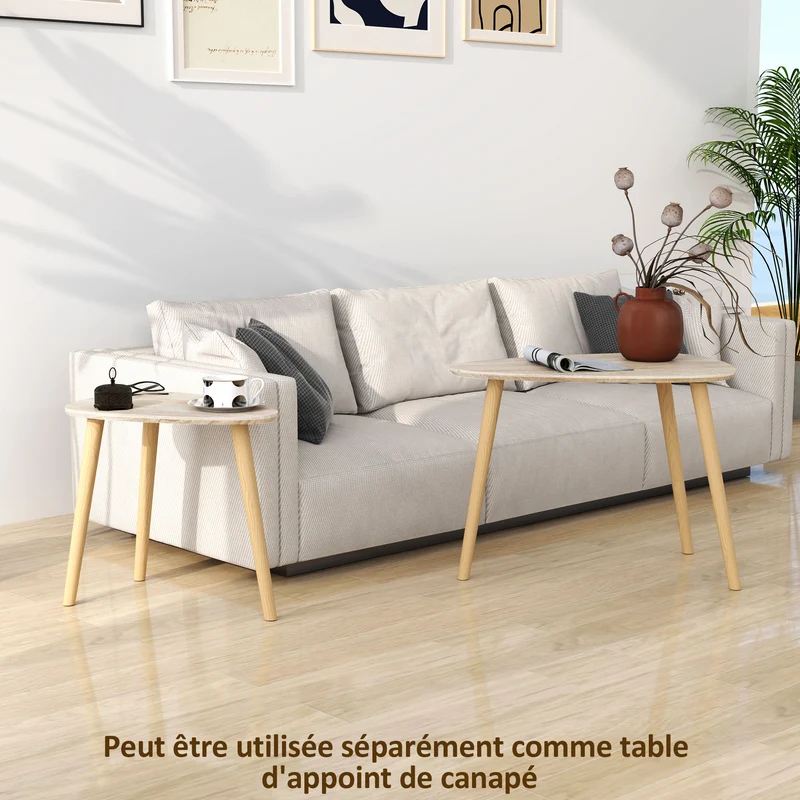 Lot de 2 tables basses gigognes triangulaires salon 59.5 x 39.5 x 45 cm gain de place scandinave épuré en MDF naturel 21_0003060