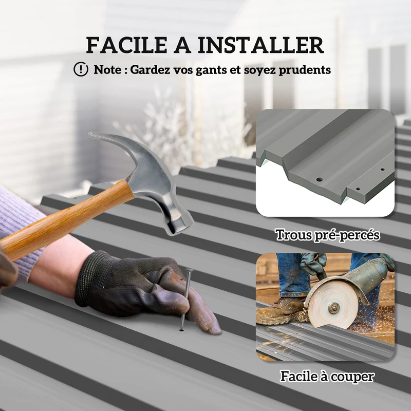 Lot de 12 panneaux bardage extérieur 129 x 45 cm anti intempéries pré-percés industriel en acier galvanisé gris clair 21_0005413