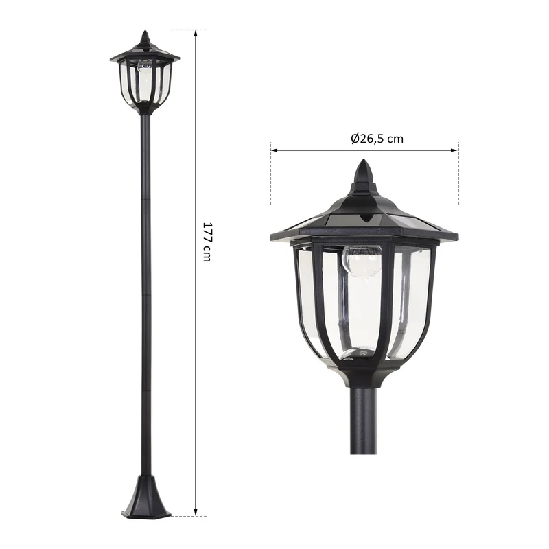 Lampadaire extérieur solaire 26.5 x 26.5 x 177 cm allumage automatique classique décoratif en acier inoxydable noir 21_0006994
