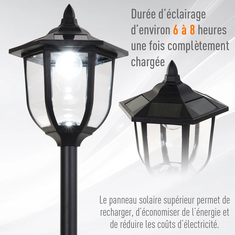 Lampadaire extérieur solaire 26.5 x 26.5 x 177 cm allumage automatique classique décoratif en acier inoxydable noir 21_0006994