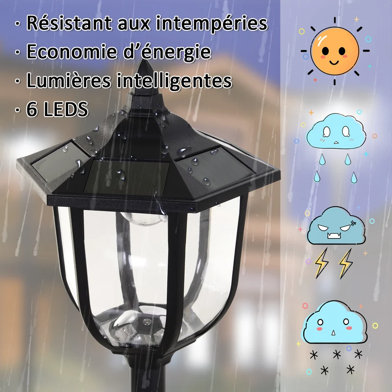 Lampadaire extérieur solaire 26.5 x 26.5 x 177 cm allumage automatique classique décoratif en acier inoxydable noir 21_0006994