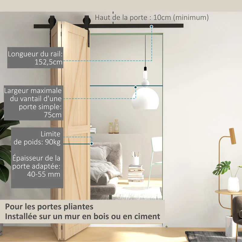 Kit rails porte pliante 152.5 x 0.5 x 4 cm gain d'espace glissement silencieux style industriel en acier au carbone noir 21_0007146