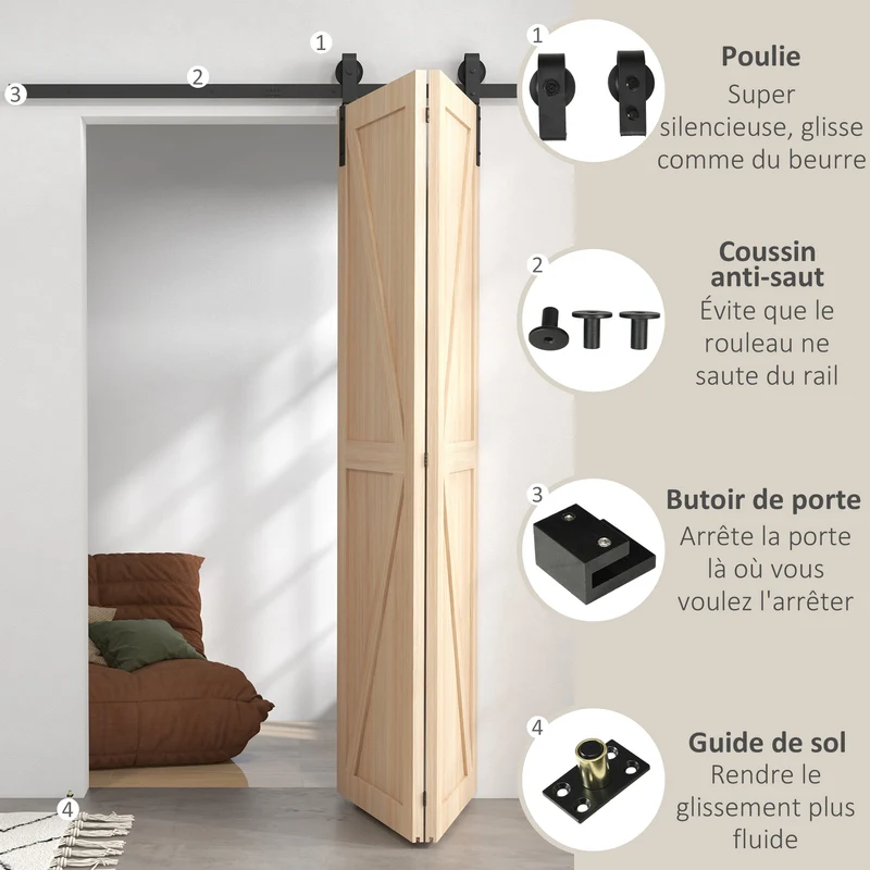Kit rails porte pliante 152.5 x 0.5 x 4 cm gain d'espace glissement silencieux style industriel en acier au carbone noir 21_0007146
