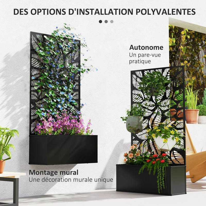 Jardinière avec treillis séparateur d'espace 61 x 23 x 113 cm brise-vue fixation murale industriel moderne en métal noir 21_0005489