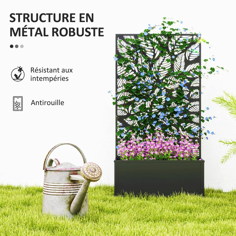 Jardinière avec treillis séparateur d'espace 61 x 23 x 113 cm brise-vue fixation murale industriel moderne en métal noir 21_0005489