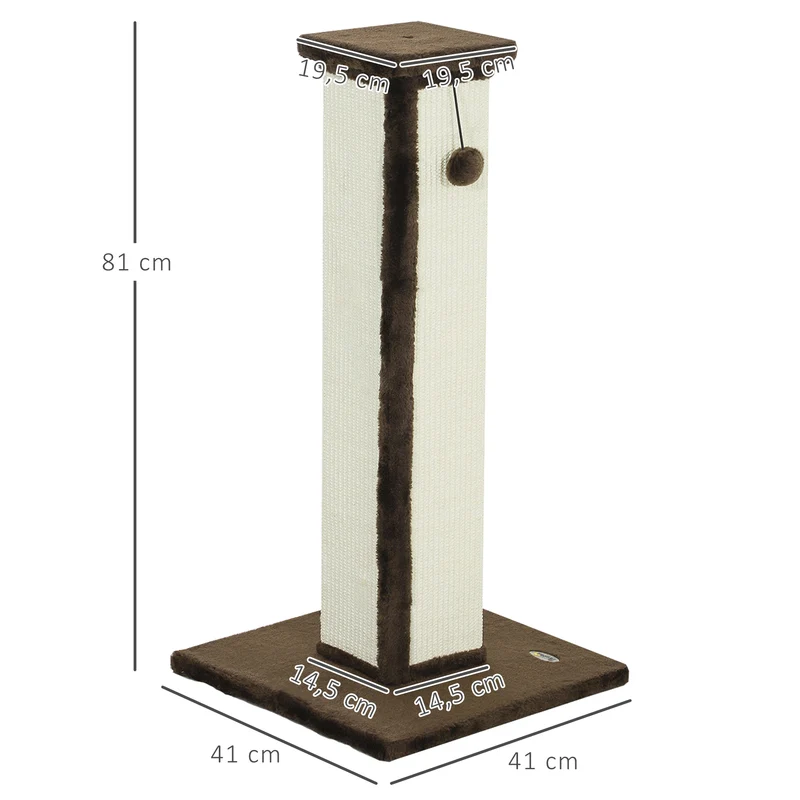 Griffoir pour chat intérieur salon 41 x 41 x 81 cm base stable avec balle suspendue classique décoratif en sisal marron 21_0007691