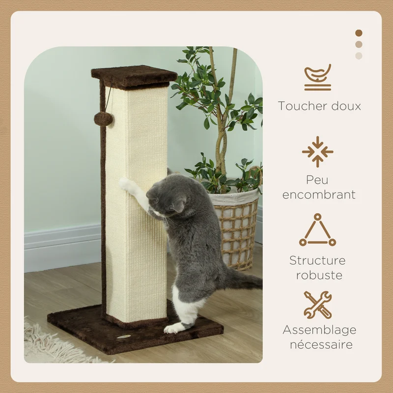 Griffoir pour chat intérieur salon 41 x 41 x 81 cm base stable avec balle suspendue classique décoratif en sisal marron 21_0007691