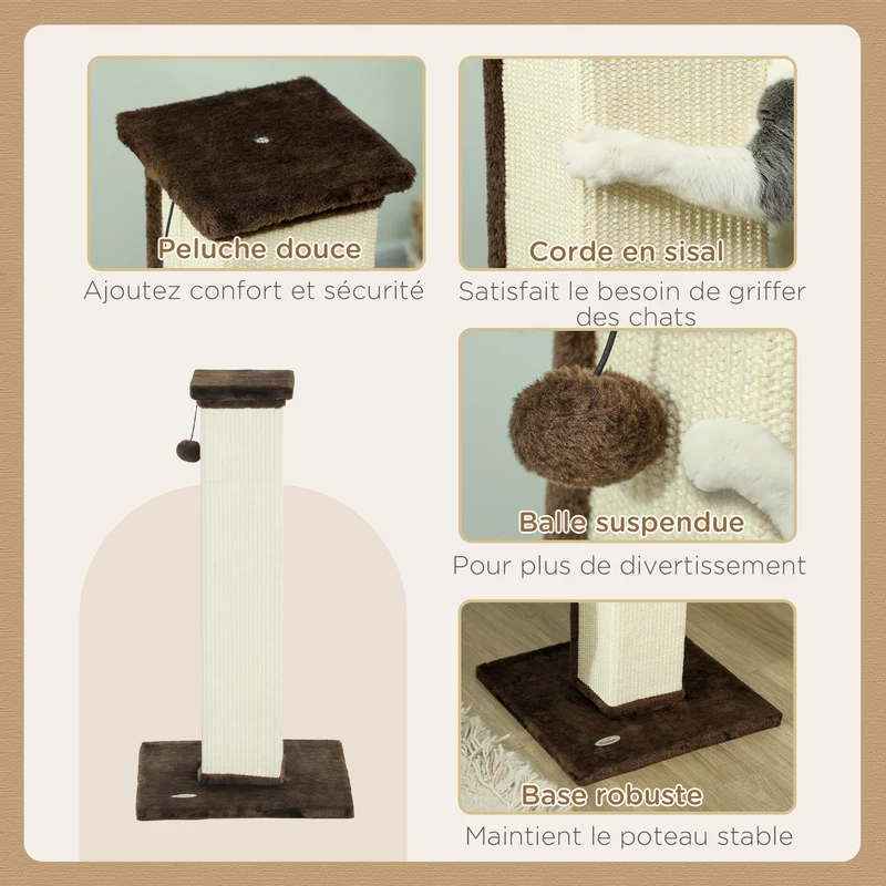 Griffoir pour chat intérieur salon 41 x 41 x 81 cm base stable avec balle suspendue classique décoratif en sisal marron 21_0007691