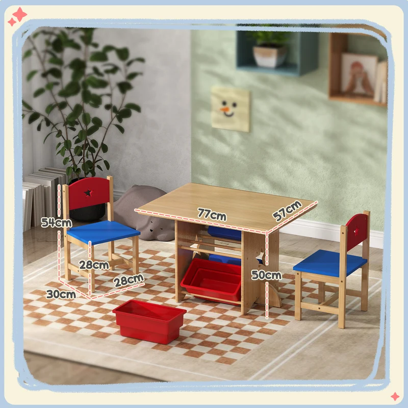 Ensemble table enfant 2 chaises 77 x 57 x 50 cm rangement 4 bacs sécurité bords arrondis scandinave en MDF bois naturel 21_0000217