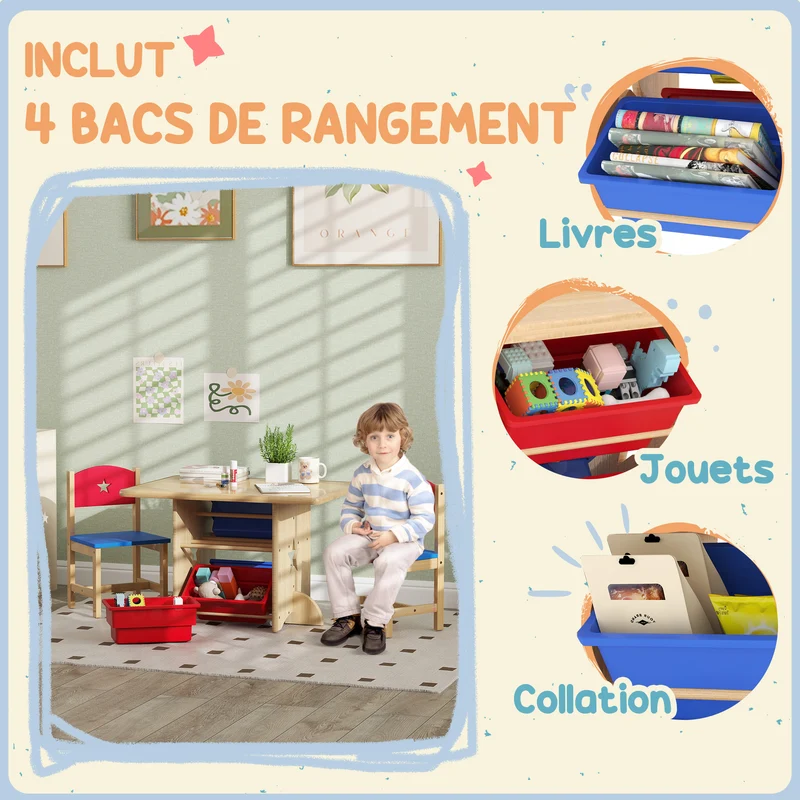 Ensemble table enfant 2 chaises 77 x 57 x 50 cm rangement 4 bacs sécurité bords arrondis scandinave en MDF bois naturel 21_0000217