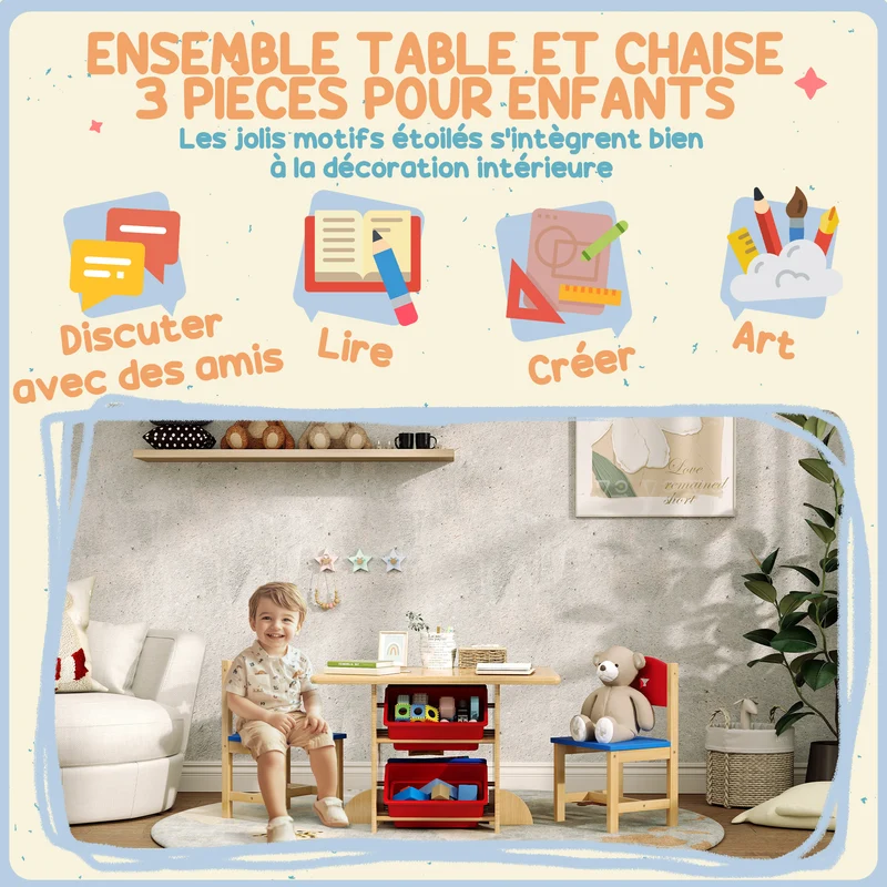 Ensemble table enfant 2 chaises 77 x 57 x 50 cm rangement 4 bacs sécurité bords arrondis scandinave en MDF bois naturel 21_0000217
