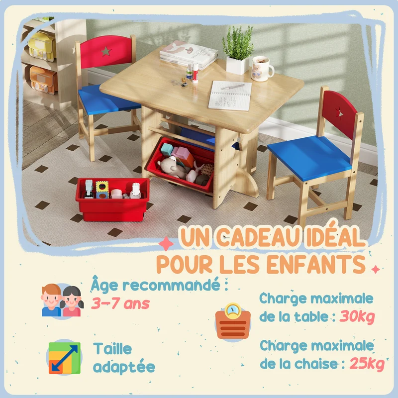 Ensemble table enfant 2 chaises 77 x 57 x 50 cm rangement 4 bacs sécurité bords arrondis scandinave en MDF bois naturel 21_0000217