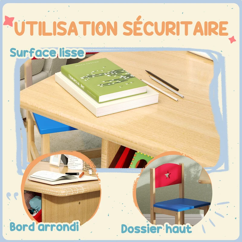 Ensemble table enfant 2 chaises 77 x 57 x 50 cm rangement 4 bacs sécurité bords arrondis scandinave en MDF bois naturel 21_0000217