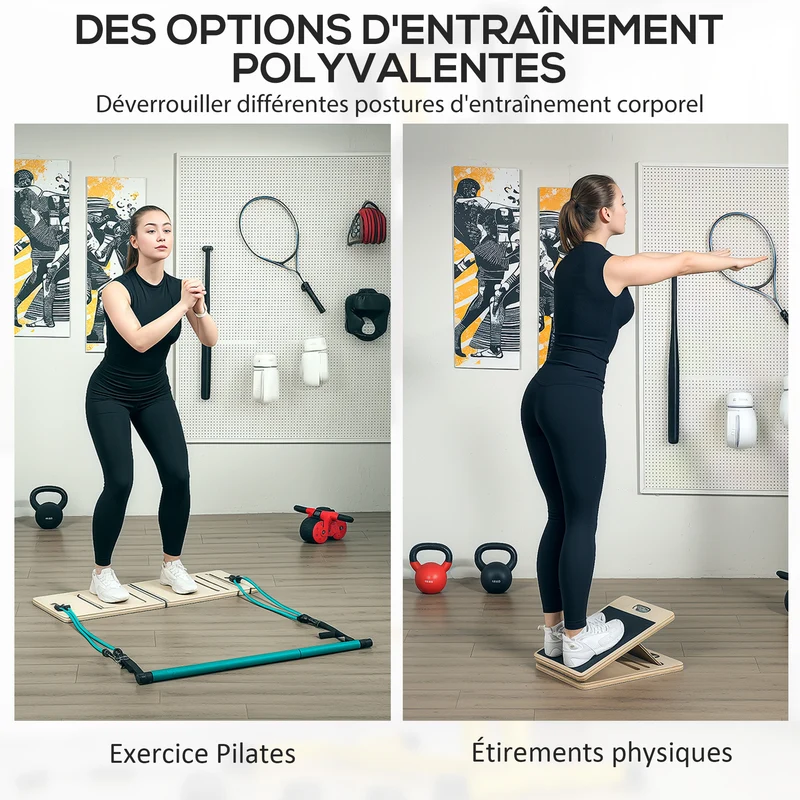 Ensemble barre pilates étirement planche inclinable 90 x 33 x 3 cm bandes réglables ergonomique moderne en acier bleu 21_0006904