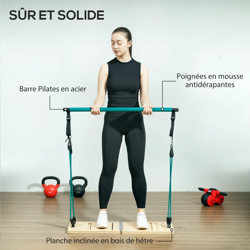 Ensemble barre pilates étirement planche inclinable 90 x 33 x 3 cm bandes réglables ergonomique moderne en acier bleu 21_0006904