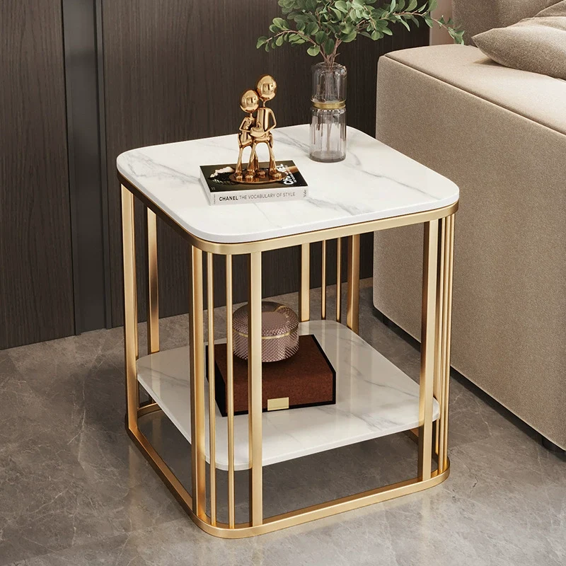 Contemporary Luxury Square Stone Slab Carbon Steel End Table 2-Tier For Living Room
