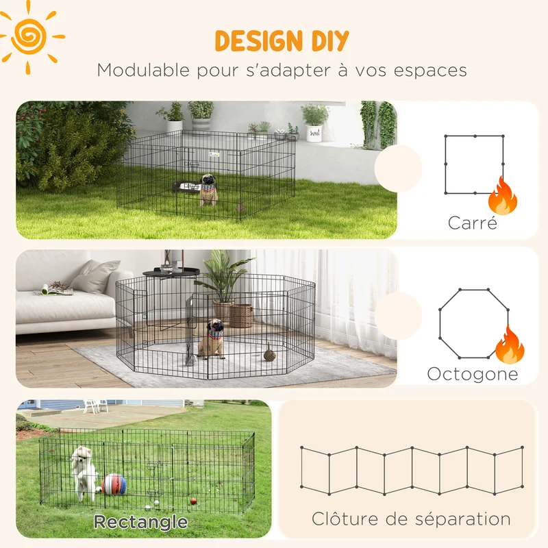 Enclos modulable pour petits animaux extérieur 61 x 61 x 1 cm pliable porte verrouillable moderne épuré en métal noir 21_0007382