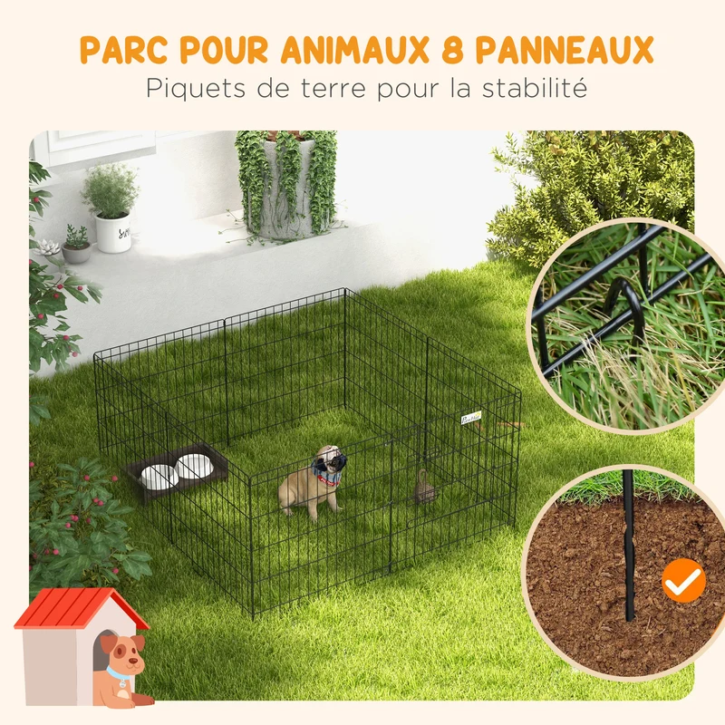 Enclos modulable pour petits animaux extérieur 61 x 61 x 1 cm pliable porte verrouillable moderne épuré en métal noir 21_0007382