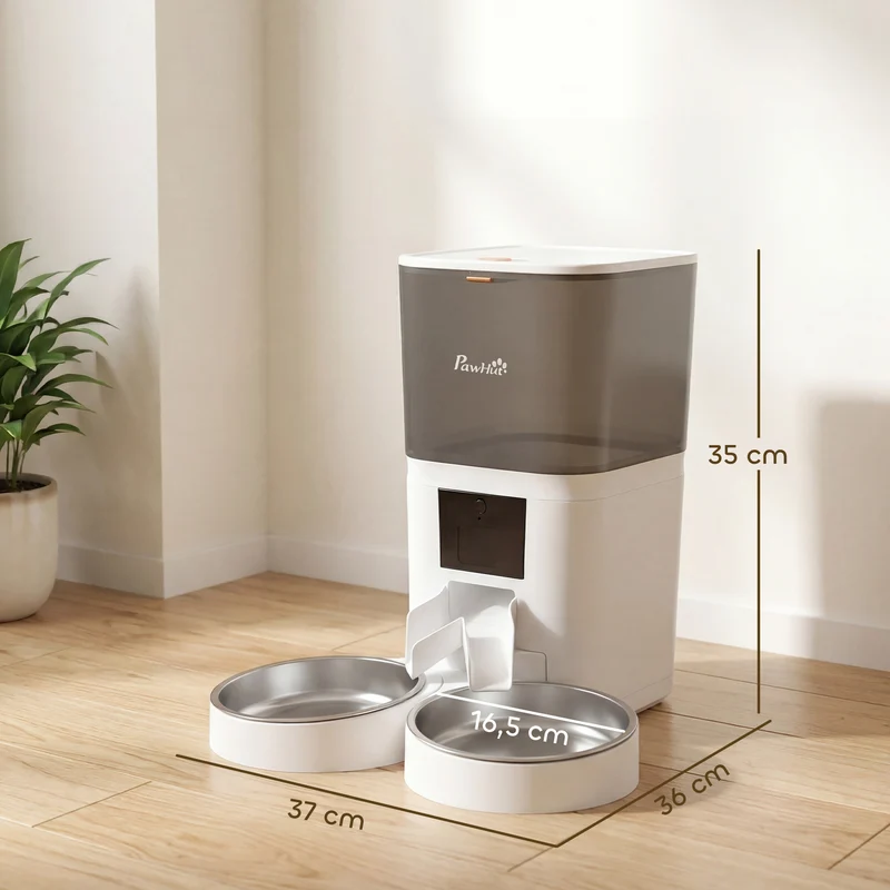 Distributeur automatique nourriture chat double bol 37 x 36 x 35 cm programmable 6 l 2 animaux moderne épuré en abs blanc 21_0007547