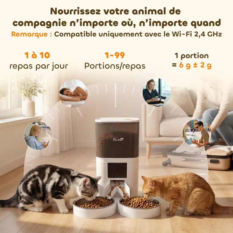 Distributeur automatique nourriture chat double bol 37 x 36 x 35 cm programmable 6 l 2 animaux moderne épuré en abs blanc 21_0007547