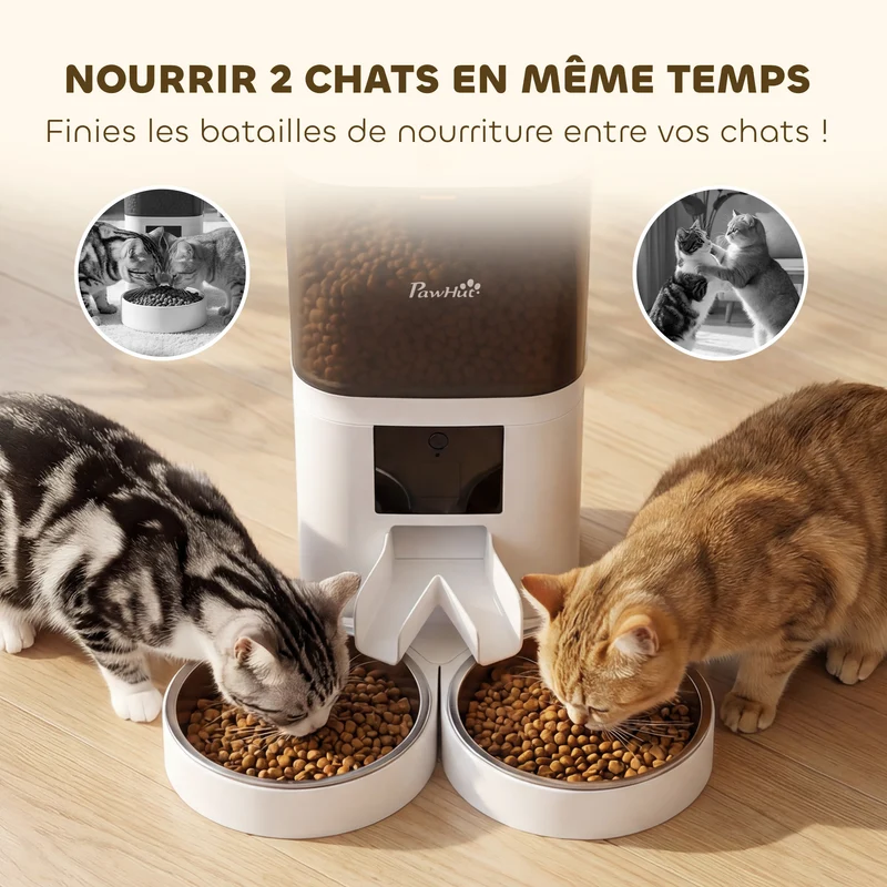 Distributeur automatique nourriture chat double bol 37 x 36 x 35 cm programmable 6 l 2 animaux moderne épuré en abs blanc 21_0007547