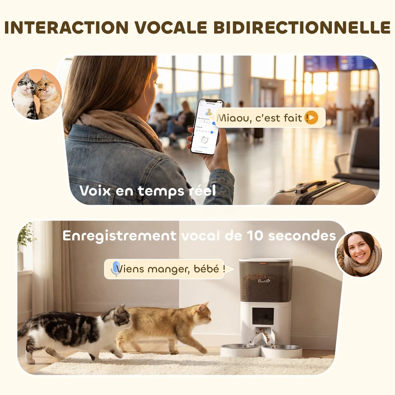 Distributeur automatique nourriture chat double bol 37 x 36 x 35 cm programmable 6 l 2 animaux moderne épuré en abs blanc 21_0007547
