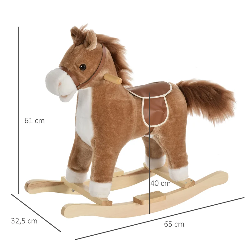 Cheval à bascule enfant siège confort 65 x 32.5 x 61 cm poignées et sons interactifs classique cosy en peluche brun 21_0000277