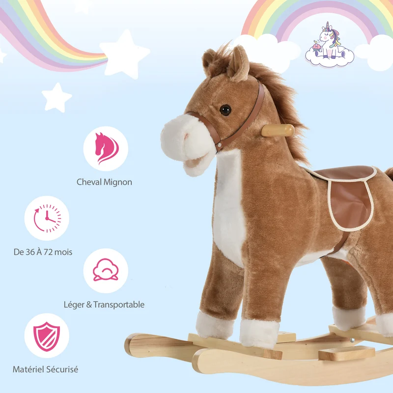 Cheval à bascule enfant siège confort 65 x 32.5 x 61 cm poignées et sons interactifs classique cosy en peluche brun 21_0000277