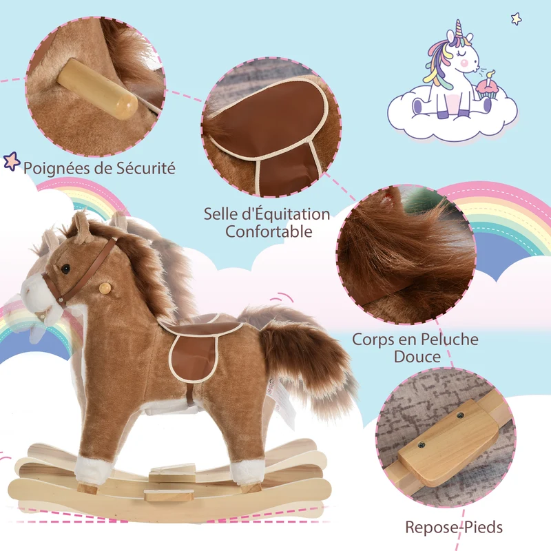 Cheval à bascule enfant siège confort 65 x 32.5 x 61 cm poignées et sons interactifs classique cosy en peluche brun 21_0000277