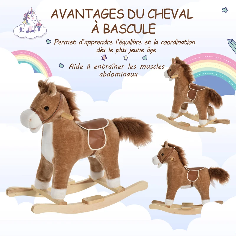 Cheval à bascule enfant siège confort 65 x 32.5 x 61 cm poignées et sons interactifs classique cosy en peluche brun 21_0000277